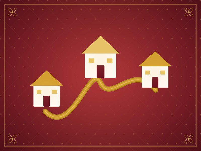 Illustration of three small houses linked by a winding golden path, in red and gold
