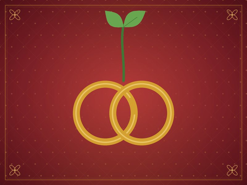 Illustration de deux anneaux d'or entrelacés et d'une jeune pousse verte, sur fond rouge chaleureux