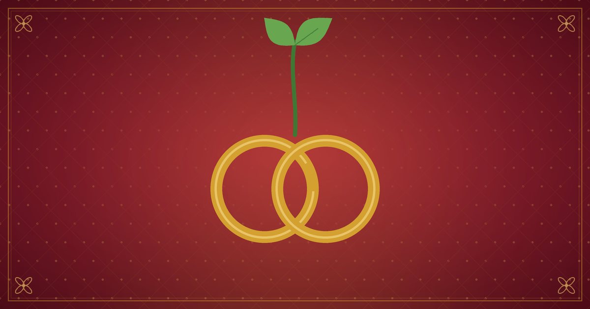 Illustration of two interlocking gold rings with a young green sprout, on a warm red background