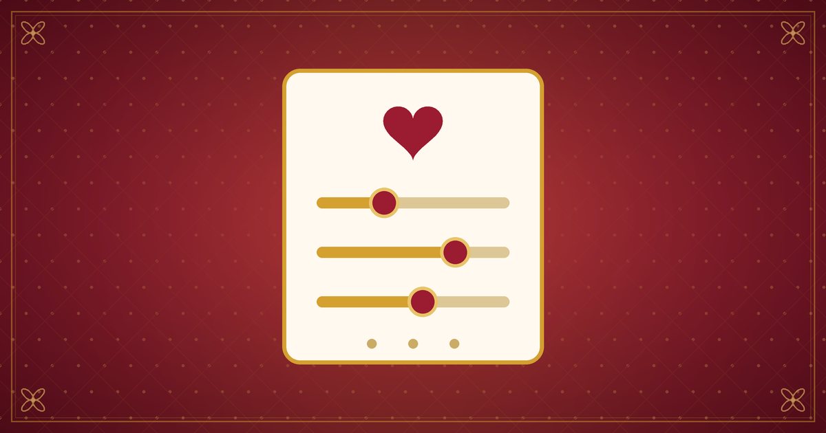 Illustration of a checklist card with a heart and three gold sliders, in red and gold