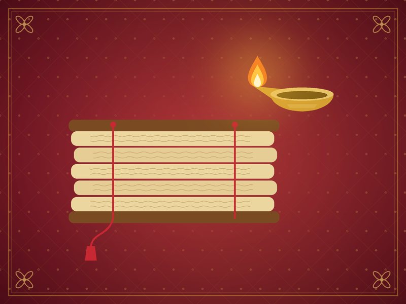 Illustration of a palm-leaf manuscript beside a small brass lamp, in red and gold