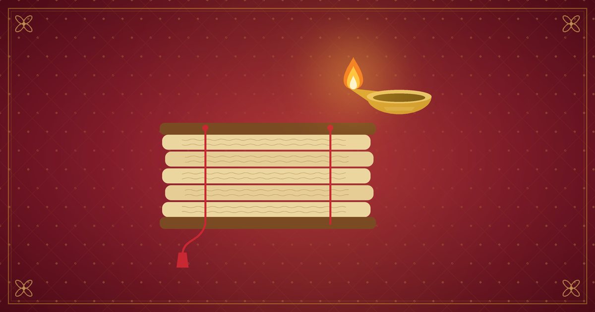 Illustration of a palm-leaf manuscript beside a small brass lamp, in red and gold