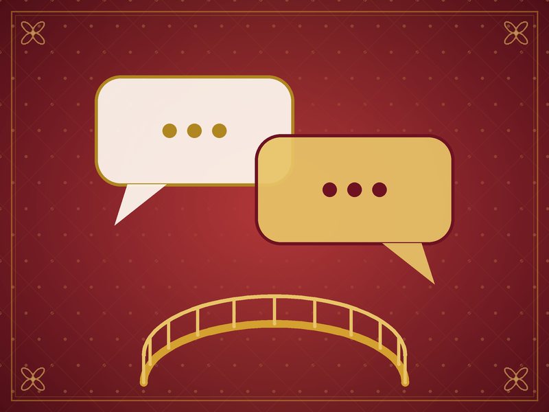 Illustration de deux bulles de dialogue qui se chevauchent, reliées par un petit pont, en rouge et or