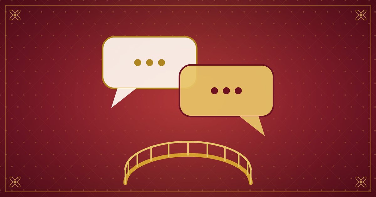 Illustration of two overlapping speech bubbles joined by a small bridge, in red and gold