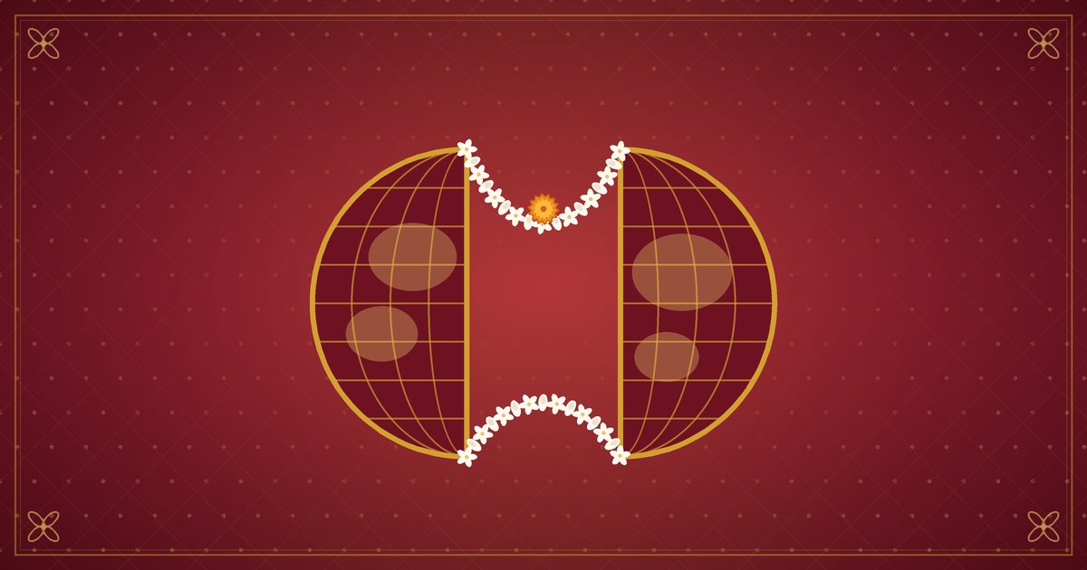 Illustration of two globe halves joined by a jasmine garland, in red and gold