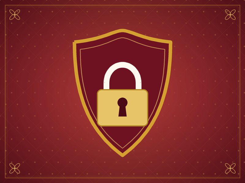 Illustration d'un bouclier orné d'un cadenas, en rouge et or