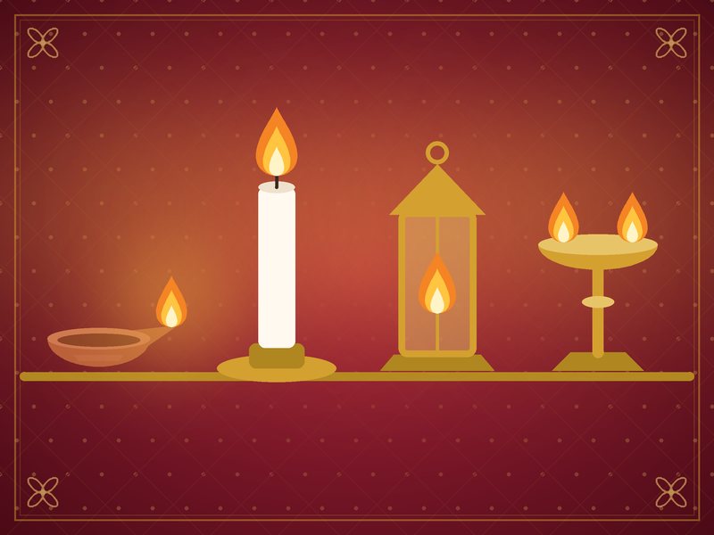 Illustration of four small lamps of different shapes glowing side by side, in red and gold