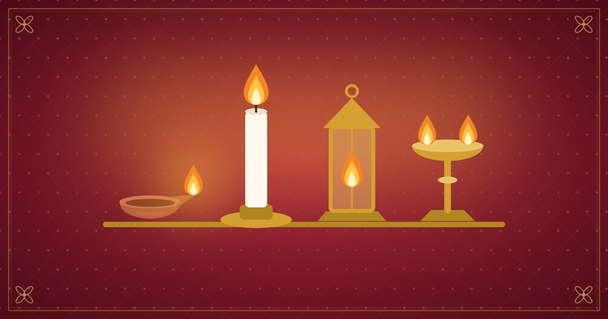 Illustration of four small lamps of different shapes glowing side by side, in red and gold