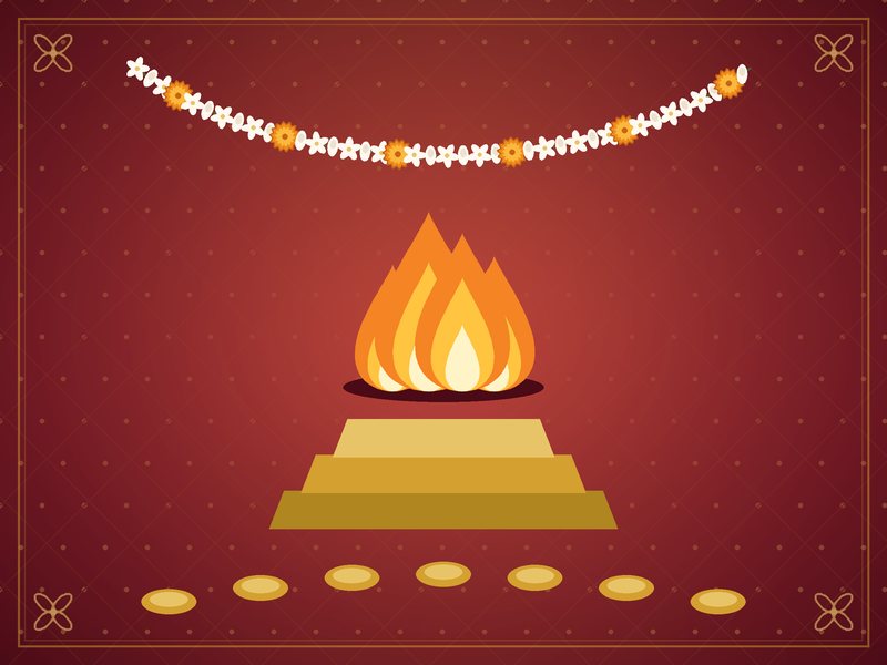 Illustration of a sacred fire with seven golden steps and a garland, in red and gold