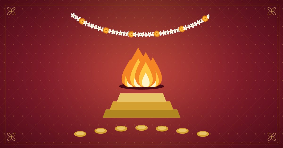 Illustration of a sacred fire with seven golden steps and a garland, in red and gold