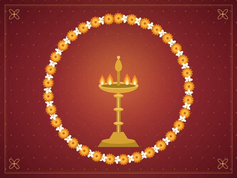 Illustration of a marigold garland framing a brass oil lamp, in red and gold