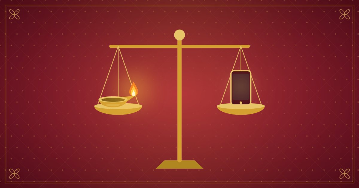 Illustration d'une balance portant une lampe en laiton et un smartphone, en rouge et or