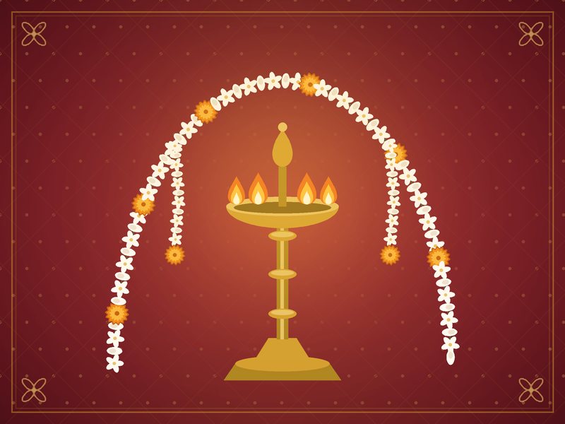 Illustration of a brass oil lamp and a jasmine garland arch in red and gold
