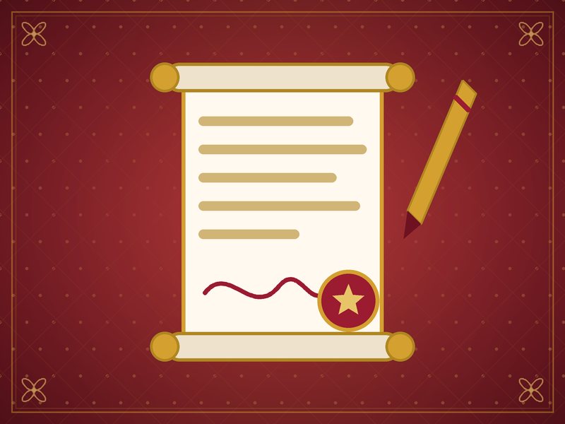 Illustration of a signed scroll with a gold seal and a pen, in red and gold